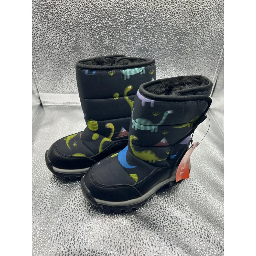 TZO Kids Dinosaur Winter Boots Black Faux Fur Lined Snow Boots Size 25‎ NEW